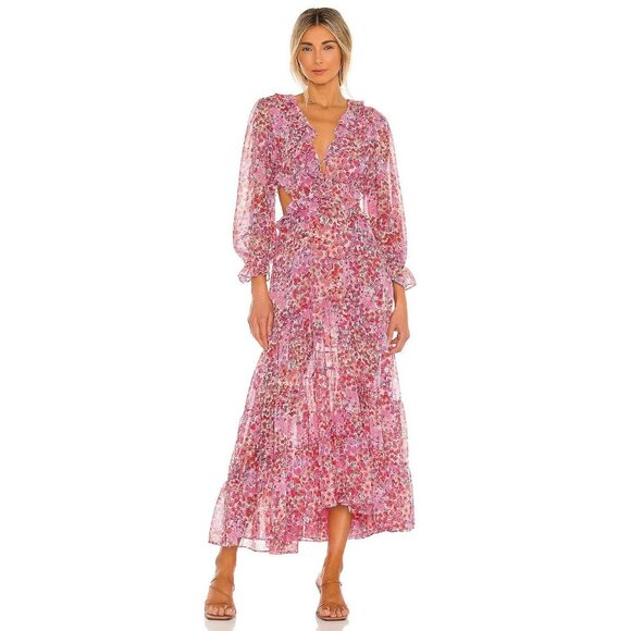 Misa Los Angeles Dresses & Skirts - MISA Amelia Pink Del Rio Floral Chiffon Ruffle Cut-Out Tiered Maxi Dress, Size S